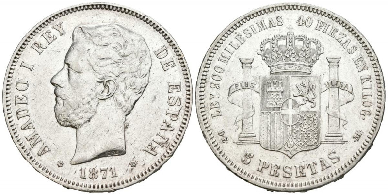 AMADEO I (1871-1873). 5 Pesetas. (Ar. 24,91g/37mm). 1871 *18-75. Madrid DEM. (Ca...