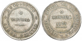 REVOLUCIÓN CANTONAL (1873-1874). 5 Pesetas. (Ar. 29,80g/37mm). 1873. Cartagena. (Cal-2019-7). 80 perlas en anverso y 85 en reverso coincidente. MBC.