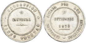 REVOLUCIÓN CANTONAL (1873-1874). 5 Pesetas. (Ar. 28,48g/37mm). 1873. Cartagena. (Cal-2019-11). 86 perlas en anverso y 90 en reverso no coincidente. MB...