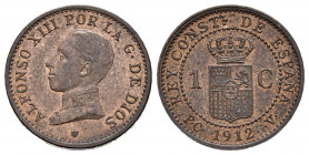 ALFONSO XIII (1885-1931). 1 Céntimo (Ae. 1,07g/15mm). 1912 *2. Madrid PCV. (Cal-2019-4). SC-.