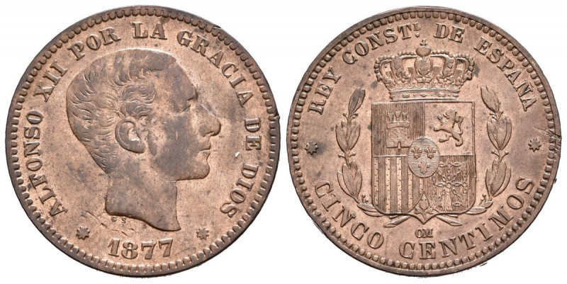 ALFONSO XII (1874-1885). 5 Céntimos. (Ae. 5,23g/24mm). 1877. Barcelona OM. (Cal-...
