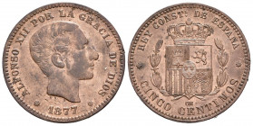 ALFONSO XII (1874-1885). 5 Céntimos. (Ae. 5,23g/24mm). 1877. Barcelona OM. (Cal-2019-4). MBC+.