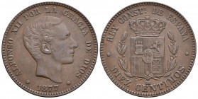 ALFONSO XII (1874-1885). 10 Céntimos. (Ae. 9,66g/30mm). 1877. Barcelona OM. (Cal-2019-8). EBC.
