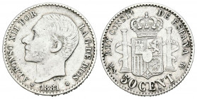 ALFONSO XII (1874-1885). 50 Céntimos. (Ar. 2,57g/18mm). 1881 *8-1. Madrid MSM. (Cal-2019-12). MBC. Limpiada.