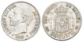 ALFONSO XII (1874-1885). 50 Céntimos. (Ar. 2,47g/18mm). 1885. *8-6. Madrid MSM. (Cal-2019-13). MBC+