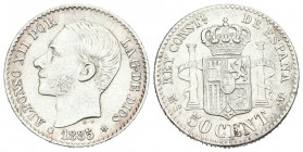 ALFONSO XII (1874-1885). 50 Céntimos. (Ar. 2,51g/18mm). 1885. *8-6. Madrid. MSM. (Cal-2019-14). Acuñada bajo el reinado de Alfonso XIII. MBC+. Limpiad...