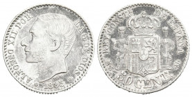 ALFONSO XII (1874-1885). 50 Céntimos. (Ar. 2,54g/18mm). 1885 *8-6. Madrid. MSM. (Cal-2019-14). Acuñada bajo el reinado de Alfonso XIII. MBC+.