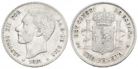 ALFONSO XII (1874-1885). 1 Peseta. (Ar. 4,97/23mm). 1881 * 18-81. Madrid MSM. (Cal-2019-17). BC+. Escasa.