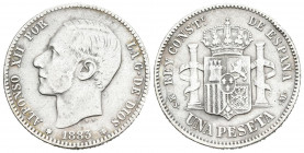 ALFONSO XII (1874-1885). 1 Peseta. (Ar. 4,81/23mm). 1883 * 18-83. Madrid MSM. (Cal-2019-21). BC+. Escasa.