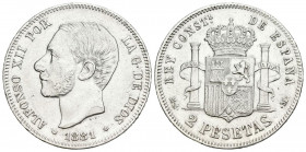 ALFONSO XII (1874-1885). 2 Pesetas. (Ar. 9,92g/27mm). 1881 *18-81. Madrid MSM. (Cal-2019-28). MBC/MBC+. Limpiada.