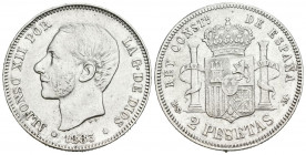 ALFONSO XII (1874-1885). 2 Pesetas. (Ar. 9,91g/27mm). 1883 *18-83. Madrid MSM. (Cal-2019-33). MBC+. Limpiada.