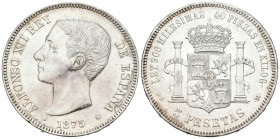 ALFONSO XII (1874-1885). 5 Pesetas. (Ar. 24,66g/37mm). 1875 *18-75. Madrid DEM. (Cal-2019-35). Variante oreja rayada. MBC+. Rayitas de limpieza.