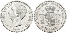 ALFONSO XII (1874-1885). 5 Pesetas. (Ar. 24,77g/38mm). 1875 *18-75. Madrid DEM. (Cal-2019-35). MBC. Limpiada.