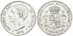 ALFONSO XII (1874-1885). 5 Pesetas. (Ar. 24,75g /37mm). 1875 *18-75. Madrid. DEM. (Cal-2019-35). MBC. Limpiada. Variante oreja rayada.