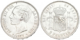 ALFONSO XII (1874-1885). 5 Pesetas. (Ar. 24,89g/37mm). 1877 *18-77. Madrid. DEM. (Cal-2019-38). MBC+. Marquitas. Limpiada.