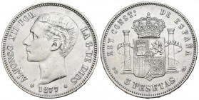 ALFONSO XII (1874-1885). 5 Pesetas. (Ar. 25,03g/37mm). 1877 *18-77. Madrid DEM. (Cal-2019-38). EBC. Limpiada.
