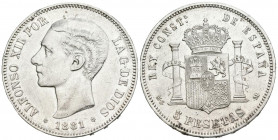 ALFONSO XII (1874-1885). 5 Pesetas. (Ar. 25,02g/37mm). 1881 *18-81. Madrid MSM. (Cal-2019-44). MBC+. Golpecitos en canto.