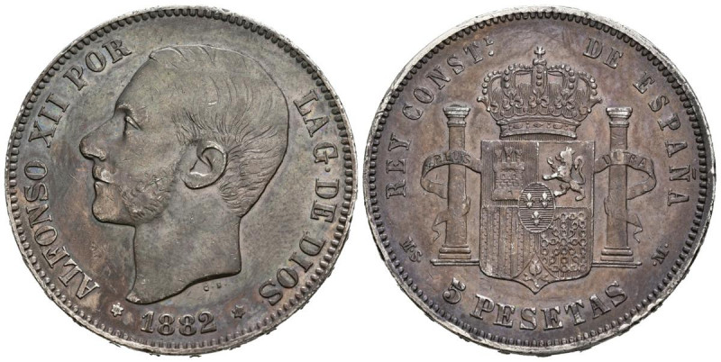 ALFONSO XII (1874-1885). 5 Pesetas. (Ar. 24,86g/37mm). 1882 *18-82/1. Madrid MSM...
