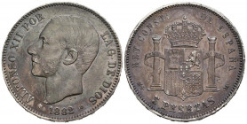ALFONSO XII (1874-1885). 5 Pesetas. (Ar. 24,86g/37mm). 1882 *18-82/1. Madrid MSM. (Cal-2019-49). MBC. Bonita pátina oscura. Escaso ejemplar.