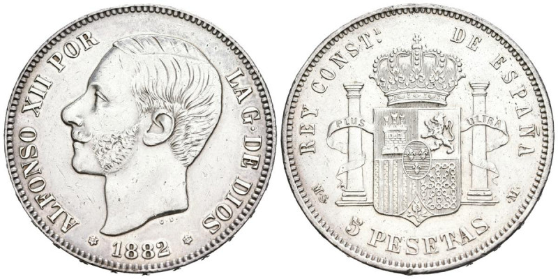 ALFONSO XII (1874-1885). 5 Pesetas. (Ar. 24,96g/37mm). 1882 *18-82. Madrid MSM. ...