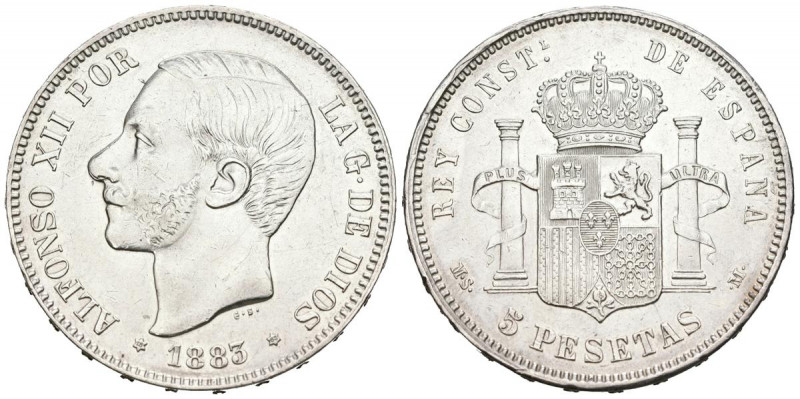 ALFONSO XII (1874-1885). 5 Pesetas. (Ar. 24,80g/37mm). 1883 *18-83. Madrid MSM. ...