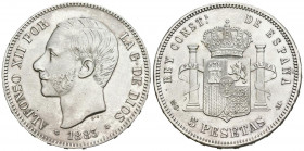 ALFONSO XII (1874-1885). 5 Pesetas. (Ar. 24,97g/37mm). 1883 *18-83. Madrid MSM. (Cal-2019-55). EBC. Limpiada.