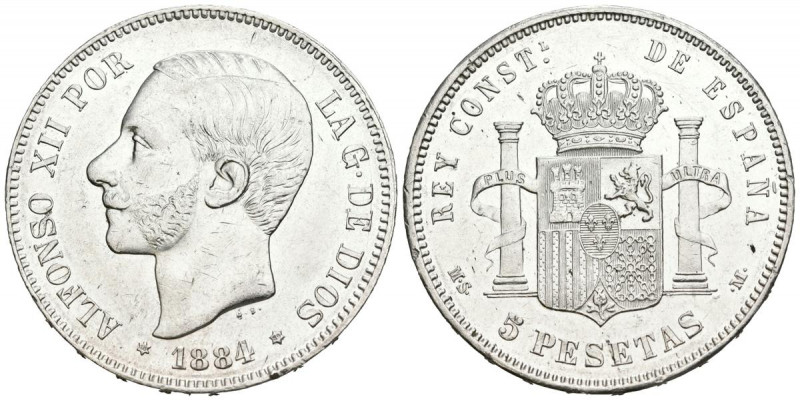 ALFONSO XII (1874-1885). 5 Pesetas. (Ar. 25,11g/37mm). 1884 *18-84. Madrid MSM. ...