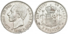 ALFONSO XII (1874-1885). 5 Pesetas. (Ar. 24,96g/37mm). 1884 *18-84. Madrid MSM. (Cal-2019-57). MBC+. Limpiada.