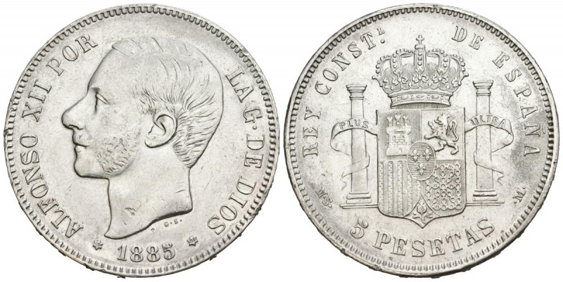 ALFONSO XII (1874-1885). 5 Pesetas. (Ar. 24,94g/37mm). 1885 *18-85. Madrid MSM. ...