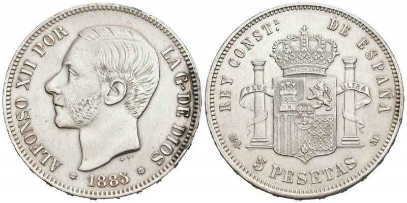 ALFONSO XII (1874-1885). 5 Pesetas. (Ar. 24,89g/37mm). 1885 *18-85. Madrid MSM. ...