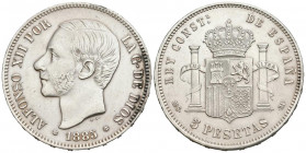 ALFONSO XII (1874-1885). 5 Pesetas. (Ar. 24,89g/37mm). 1885 *18-85. Madrid MSM. (Cal-2019-60). EBC-. Pátina artificial.