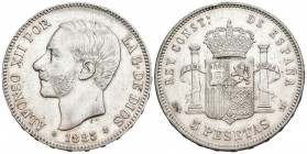 ALFONSO XII (1874-1885). 5 Pesetas. (Ar. 24,90g/37mm). 1885 *18-86. Madrid MSM. (Cal-2019-61). Acuñada bajo el reinado de Alfonso XIII. MBC+. Marquita...