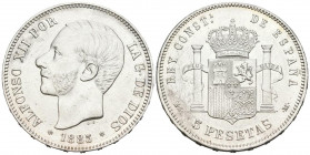 ALFONSO XII (1874-1885). 5 Pesetas. (Ar. 24,98g/37mm). 1885 *18-87. Madrid MSM. (Cal-2019-62). Acuñada bajo el reinado de Alfonso XIII. EBC-. Rayitas ...