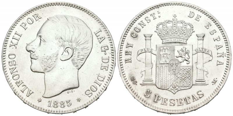 ALFONSO XII (1874-1885). 5 Pesetas. (Ar. 25,01g/37mm). 1885 *18-87. Madrid MSM. ...