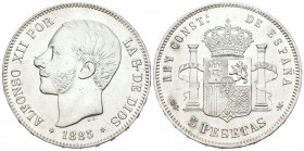 ALFONSO XII (1874-1885). 5 Pesetas. (Ar. 25,01g/37mm). 1885 *18-87. Madrid MSM. (Cal-2019-62). Acuñada bajo el reinado de Alfonso XIII. EBC/EBC+. Limp...