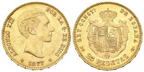ALFONSO XII (1874-1885). 25 Pesetas. (Au 8,06g/24mm). 1877 *18-77. Madrid DEM. (Cal-2019-68). EBC-. Leves Marquitas.