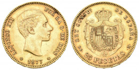 ALFONSO XII (1874-1885). 25 Pesetas. (Au 8,06g/24mm). 1877 *18-77. Madrid DEM. (Cal-2019-68). MBC+.