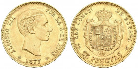 ALFONSO XII (1874-1885). 25 Pesetas. (Au 8,06g /24mm). 1877 *18-77. Madrid DEM. (Cal-2019-68). EBC-. Golpecitos en el canto.