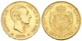 ALFONSO XII (1874-1885). 25 Pesetas. (Au 7,94g/24mm). 1878 *18-78. Madrid DEM. (Cal-2019-70). MBC+. Reproducción de joyería de 833 milésimas.