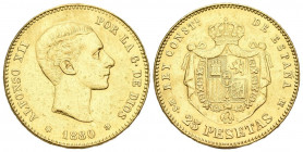 ALFONSO XII (1874-1885). 25 Pesetas. (Au 8,04g/24mm). 1880 *18-80. Madrid MSM. (Cal-2019-79). MBC. Estuvo engarzada.