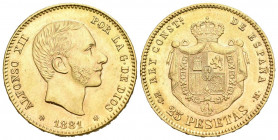 ALFONSO XII (1874-1885). 25 Pesetas. (Au 8,05g/24mm). 1881 *18-81. Madrid MSM. (Cal-2019-82). EBC-.
