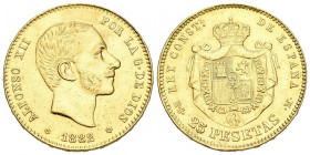 ALFONSO XII (1874-1885). 25 Pesetas. (Au 8,05g/24mm). 1882 *18-82. Madrid MSM. (Cal-2019-85). MBC+. Usada como joya.