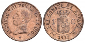 ALFONSO XIII (1885-1931). 1 Céntimo. (Ae. 0,94g/15mm). 1913 *3. Madrid PCV. (Cal-2019-5). SC. Precioso brillo.