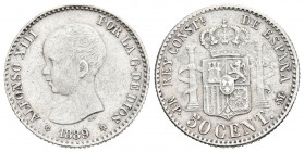 ALFONSO XIII (1885-1931). 50 Céntimos. (Ar. 2,44g/18mm). 1889 *8-9. Madrid MPM. (Cal-2019-27).  MBC.