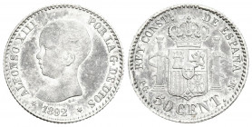 ALFONSO XIII (1885-1931). 50 Céntimos. (Ar. 2,52g/18mm). 1892 *9-2. Madrid PGM. (Cal-2019-38). EBC-. Restos de brillo original. Pátina oscura.