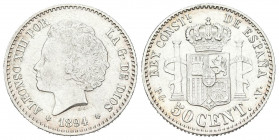 ALFONSO XIII (1885-1931). 50 Céntimos. (Ar. 2,50g/18mm). 1894 *9-4. Madrid PGV. (Cal-2019-43). MBC+.