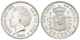 ALFONSO XIII (1885-1931). 50 Céntimos. (Ar. 2,50g/18mm). 1894 *9-4. Madrid PGV. (Cal-2019-43). EBC+. Limpiada.