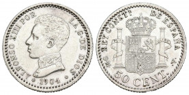 ALFONSO XIII (1885-1931). 50 Céntimos. (Ar. 2,51g/18mm). 1904 *0-4. Madrid SMV (Cal-2019-46). EBC. Marquitas.