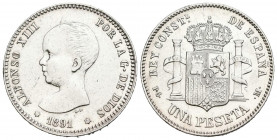 ALFONSO XIII (1885-1931). 1 Peseta. (Ar. 4,96g/23mm). 1891 *18-91. Madrid PGM. (Cal-2019-53). MBC+. Visible solo la segunda estrella. Limpiada.