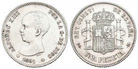 ALFONSO XIII (1885-1931). 1 Peseta. (Ar. 5,04g/23mm). 1891 *18-91. Madrid PGM. (Cal-2019-53). EBC-. Visible solo la segunda estrella. Limpiada.